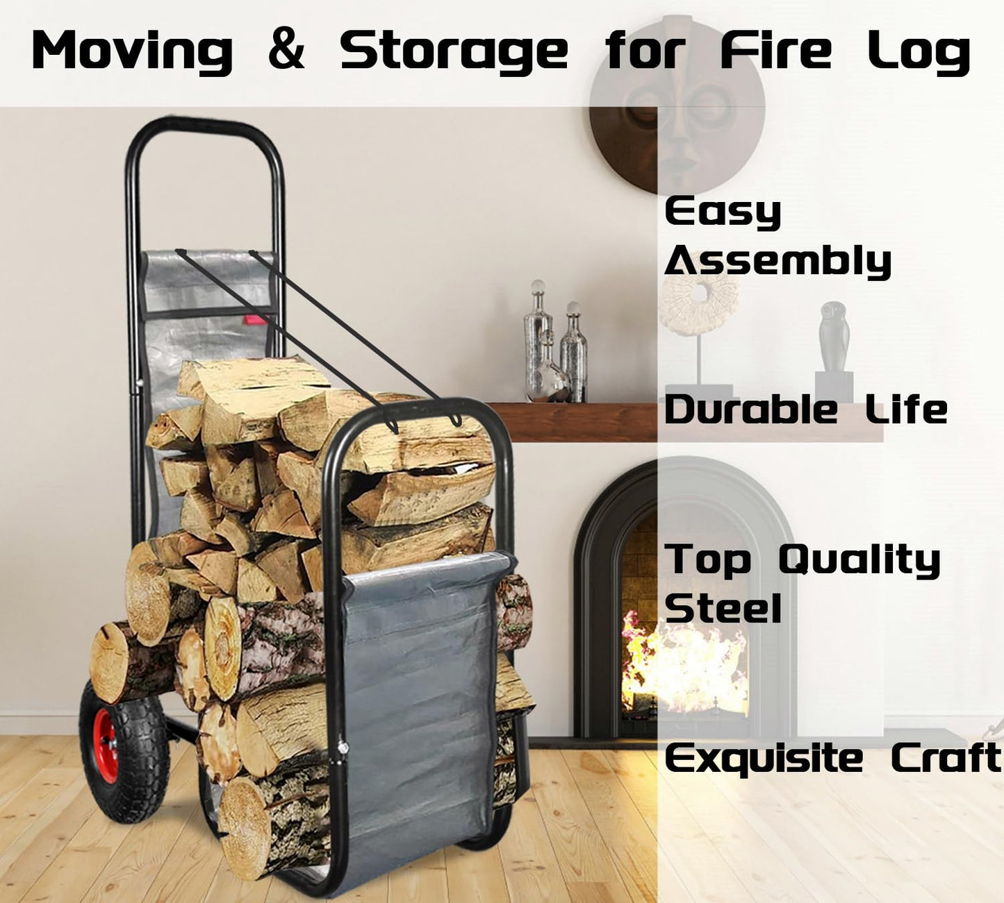 KAIDIDA Firewood Cart with Wheels: 44 X 27 X 20 in Heavy Duty 260 lbs Load for Garden Backyard Fireplace Men Women Use