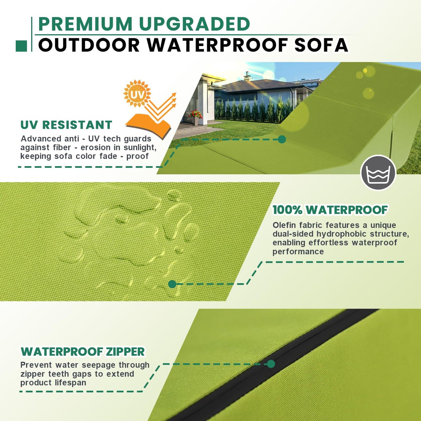 jela Outdoor Sofa, Waterproof Folding Lounge Chair and Sofa, UV Resistant Patio Sofa with Machine Washable Cover, Soft Foam Outdoor Bed Pool Lounge Chaise Chairs (Green)