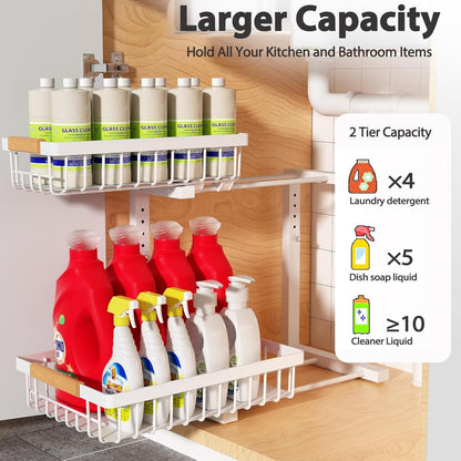 Liuoud Under Sink Organizer - 2 Pack Adjustable 2-Tier Storage Solution for Kitchen & Bathroom Cabinets, White