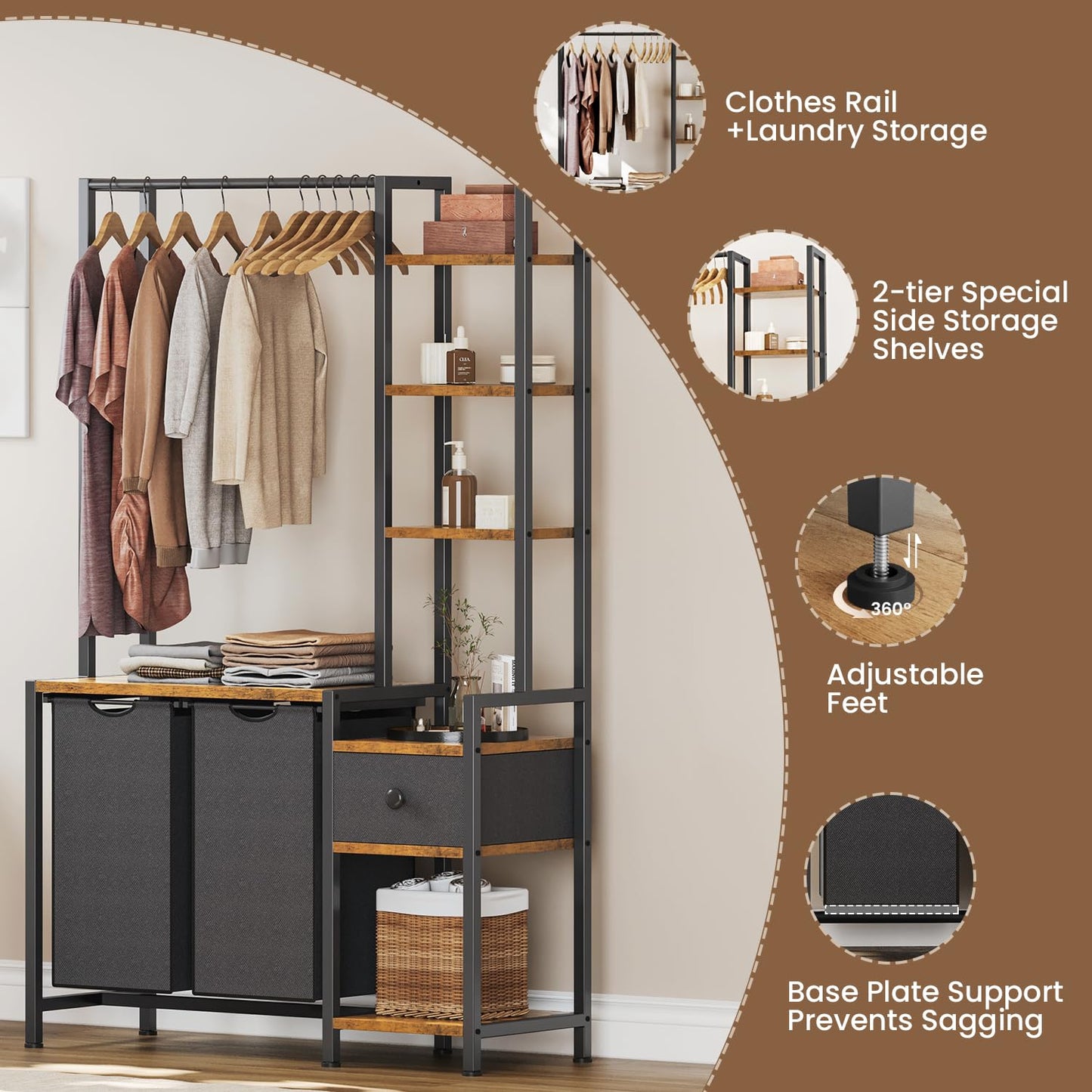 Creso hom Laundry Hamper with Shelf, 5 Tiers Tall Laundry Basket Sorter with 2 Pull-Out and Removable Bags, Clothes Rack with Laundry Sorter for Laundry Room Bathroom Bedroom, Rustic Brown