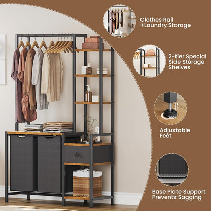 Creso hom Laundry Hamper with Shelf, 5 Tiers Tall Laundry Basket Sorter with 2 Pull-Out and Removable Bags, Clothes Rack with Laundry Sorter for Laundry Room Bathroom Bedroom, Rustic Brown