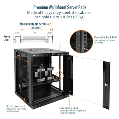 Tecmojo 12U Wall Mount Rack with Thermostat, 17.7inch Depth Enclosed Server Cabinet with 2 Cooling Fans,Lockable Door & Hardware,12U Rack for 19inch Equipments,Glass Door