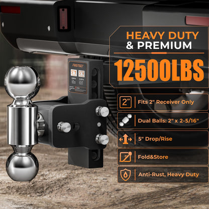 Fastgo Trailer Hitches - Fits 2" Receiver, Adjustable Trailer Hitch Ball Mount, Dual Ball (2" x 2-5/16") Tow Hitch, Drop Hitch, Truck Hitch, Anti-Theft, 5" Drop/Rise, 12500GTW