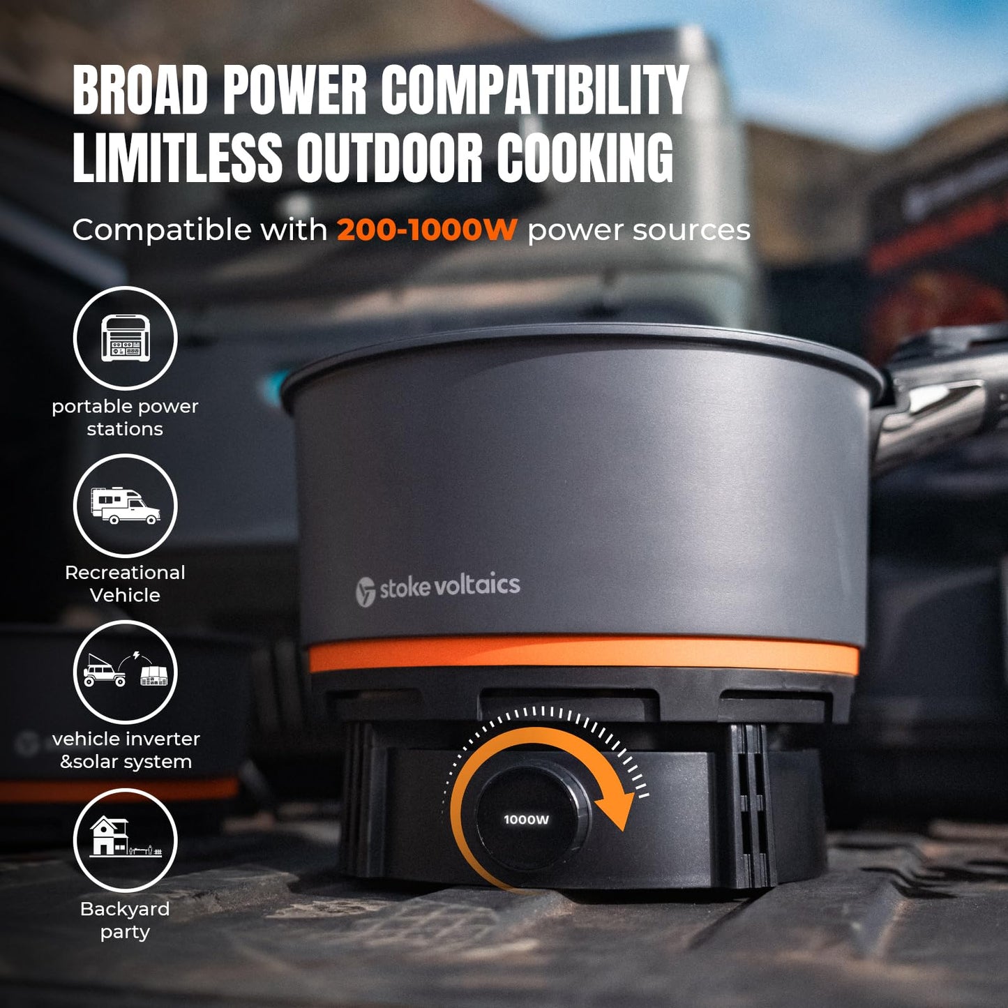 Stoke Voltaics Nomad Cooking System with Bag, Electric Camping Stove 200-1000W with Pan & Pot, 120V Portable Outdoor Cooking Gear Set, Windproof Cookware for RV, EV, Overland, Vanlife, Car Camping