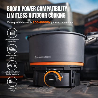Stoke Voltaics Nomad Cooking System with Bag, Electric Camping Stove 200-1000W with Pan & Pot, 120V Portable Outdoor Cooking Gear Set, Windproof Cookware for RV, EV, Overland, Vanlife, Car Camping