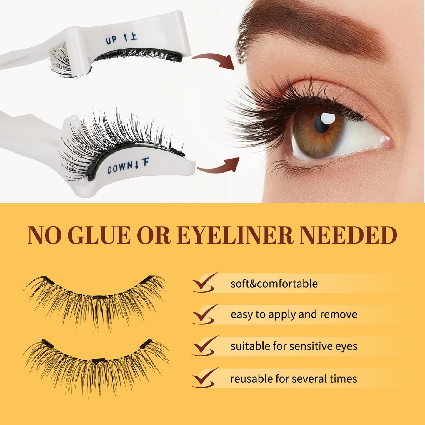 QUEWEL Magnetic Eyelashes 1 Pair Reusable Magnetic Eyelashes with Applicator No Glue Needed Eyelashes Cat Eye Natural Look Lash Clusters Kit Easy to Wear and Remove(B05)