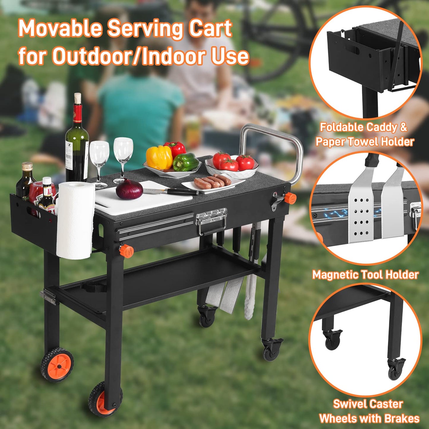 Portable Outdoor Grill Table, Folding Grill Cart with Wheels, Blackstone Griddle Stand for 17"/22" Griddle, Large Space Blackstone Table Solid and Sturdy, Grill Stand for Blackstones, Ninja, Weber