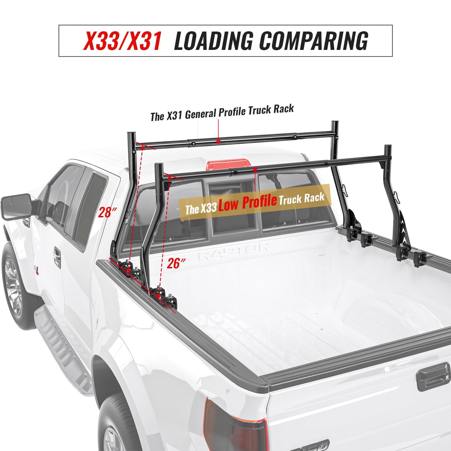 AA-Racks Model X33 Low-Profile Pickup Truck Ladder Racks with (8) Non-Drilling C-Clamps Steel Utility Two-bar Set Black