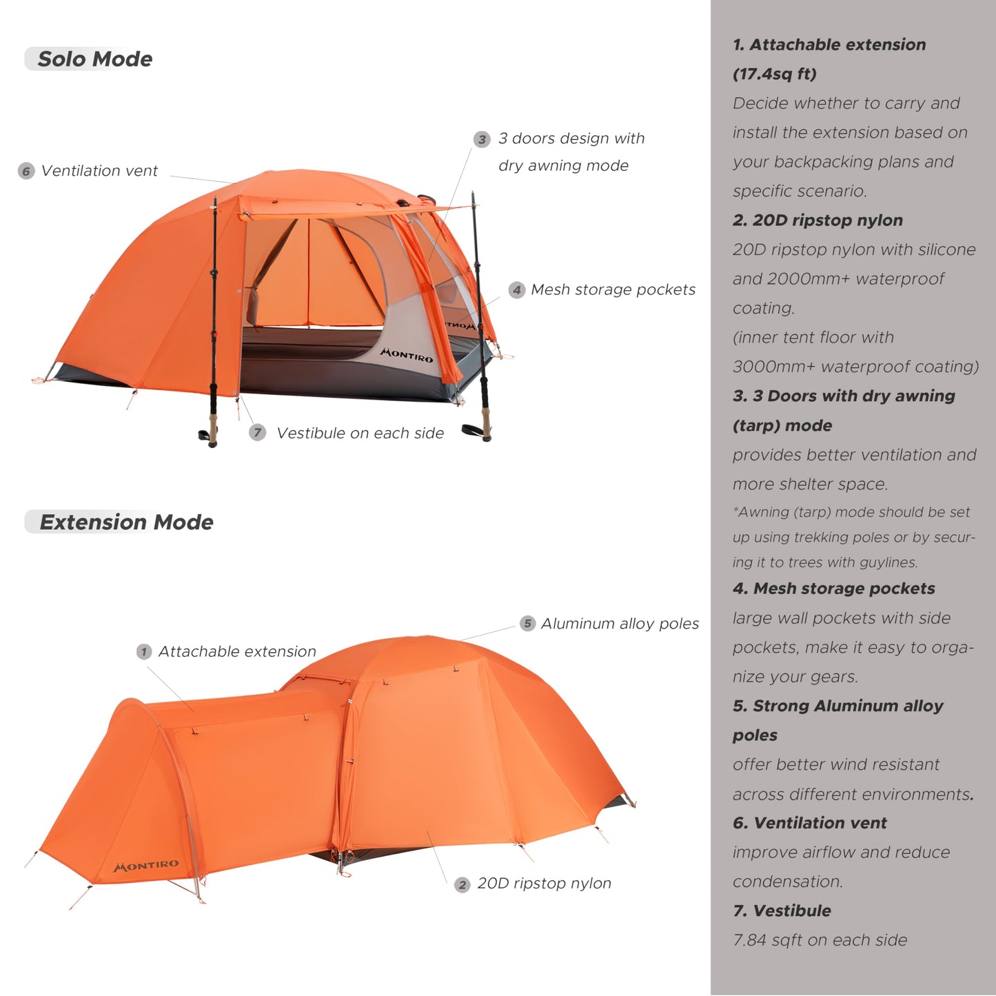 Montiro Triphyr Backpacking Tent with F-Nexus Extension 2-Person Combo, Attachable Shelter, Lightweight 2 Person Tent with Footprint & Vestibule for Backpacking Camping Hiking & Biking (Orange)