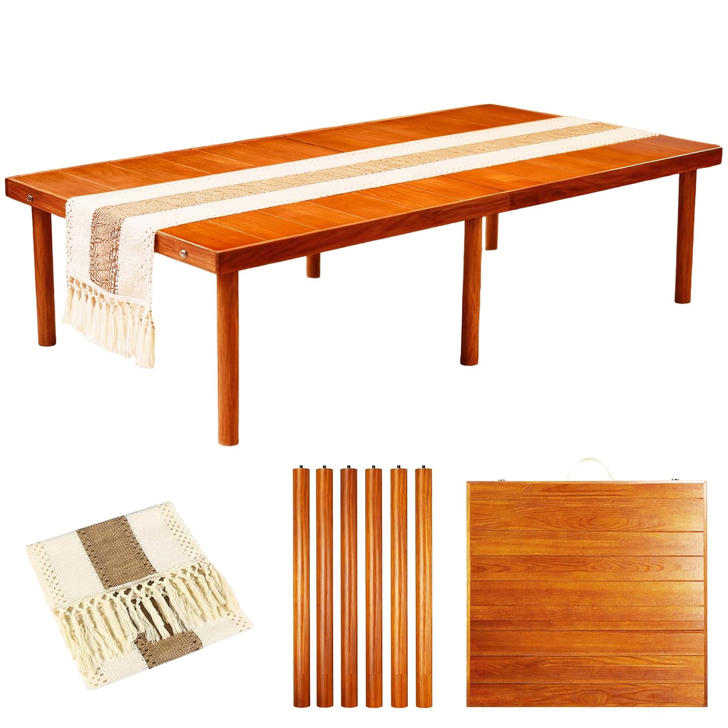 LCKJZYL Folding Picnic Table with Table Runner, 60 * 30in Wooden Picnic Table for Outdoors, Boho Low Coffee Table for Sitting on The Floor, Suitable for Beach, Park, Garden, Camping, Travel(Brown)