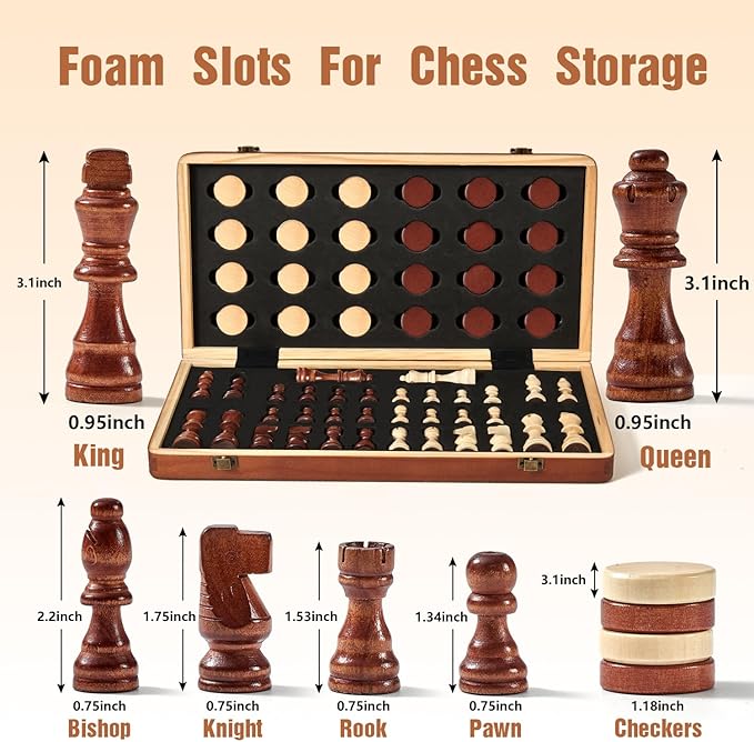 MerryPony 2 in 1 Magnetic Wooden Chess and Checkers Set 15 Foldable Chess set for Adults &amp Kids Chess Board with 2 Extra Queens Travel Chess Set with Pieces Storage Slots Ideal Chess for Begi