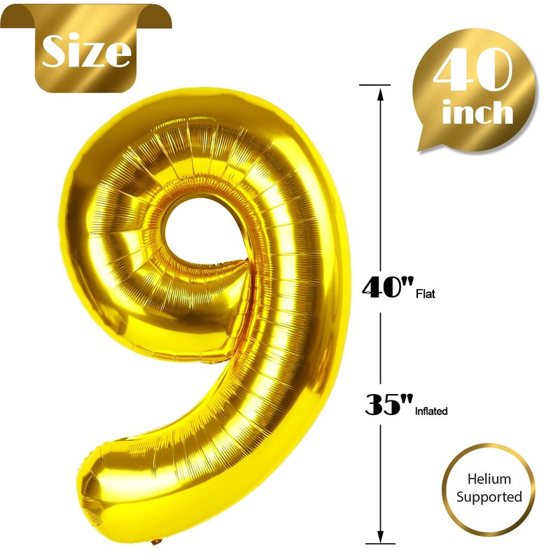 Gold 9 Balloon, Number Balloon 40 Inch, Gold Party Decorations, Giant Birthday Decorations for 9th 19th 29th 90th, Number 9 Balloon
