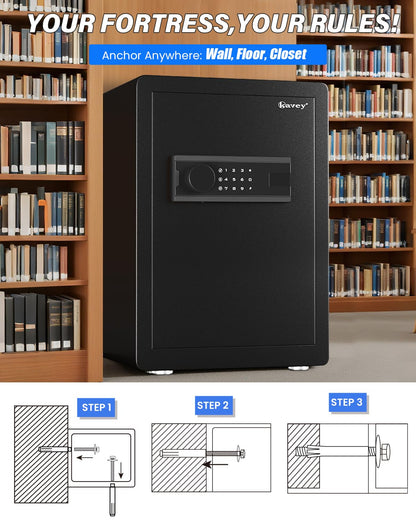 Kavey 2.5 Cub Safe Box, Large Home Safe with Fireproof Waterproof Bag, Security Safes with Backlit Touch Screen Keypad, Dual Alarm System and Mute Function for Home Office 13"D x 14.96"W x 21.65"H
