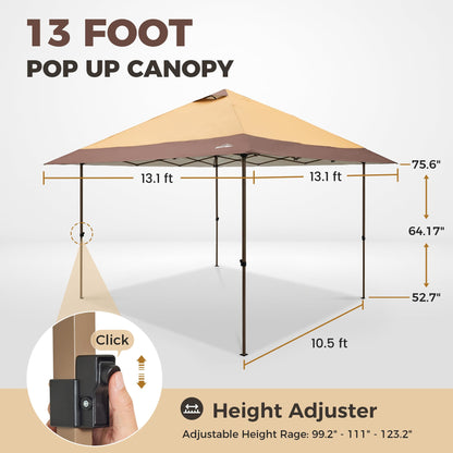 OUTDOOR LIVING SUNTIME 13x13 Instant Easy Pop Up Canopy,Portable Commercial Gazebo Camping Gazebo Tent Shelter with Wheeled Roller Carry Bag, Bonus Weight Sandbags, Stakes, Ropes -Khaki