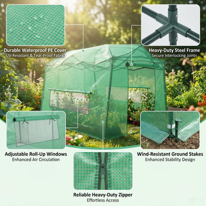 8.5 x 7 ft Pop-up Greenhouse, Walk-in Green House for Indoor Outdoor, Plant Garden Green House with Zippered Doors, Screen Windows, Heavy Duty Frame and Weather-Resistant Durable PE Cover