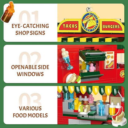 Taco Truck Building Blocks Set Cityscape Series Building Sets with Separate Dining Table and Puppy Pretend Play DIY Building Toys Gifts for Family Friends on Birthday Festival (615 Pcs)