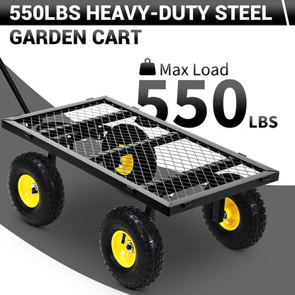 Steel Garden Cart 500 LBS with 10" Tires, Heavy Duty Garden Wagon Cart with 180° Rotating Handle and Removable Sides, Metal Wagon for Farm, Yard, Lawn, Black