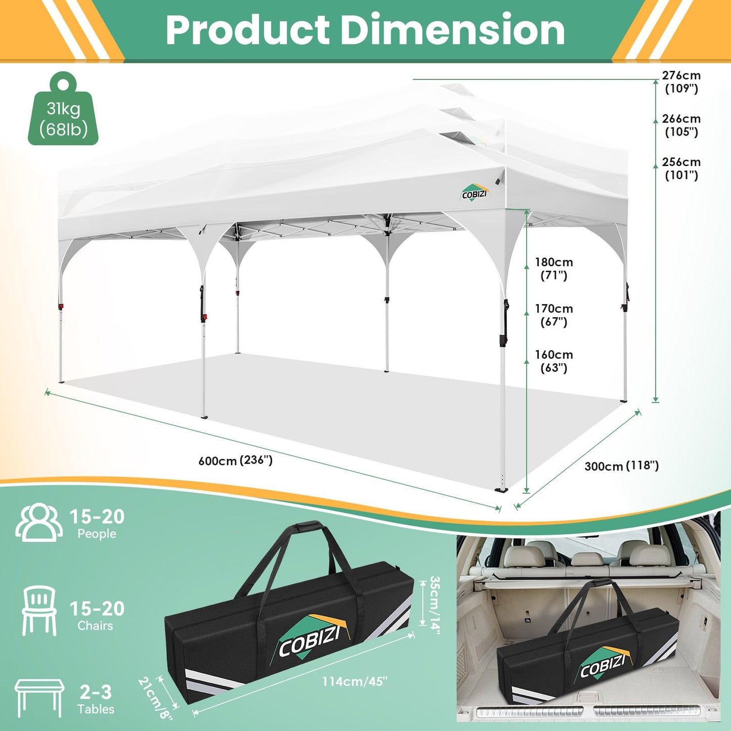 COBIZI 10x20 Pop Up Canopy Tent, Outdoor Party Tent with 4 Sidewalls, 1 Person Easy Set up, Tents for Parties with Fluorescent Strip & 4 Sandbags, Waterproof UPF50+, 3 Adjustable Height, White