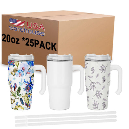 ZREGGUR 20 oz Sublimation Tumbler with Handle 25pcs, Keep Cold 24 Hours Stainless Steel Tumbler with Lid and Straw &Brush Double Wall Vacuum Reusable Sports Water Bottle with Handle Travel Coffee Mug