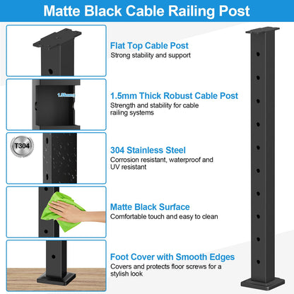 RailinGo 36" Complete Set Cable Railing Post Kits, Swageless Cable Rail System Includes 4Pack 35" Level Drilled Posts, 3Pack 4.5FT Cable Handrail w/Connectors, 1/8" 250FT Wire Rope, Black Wire Railing