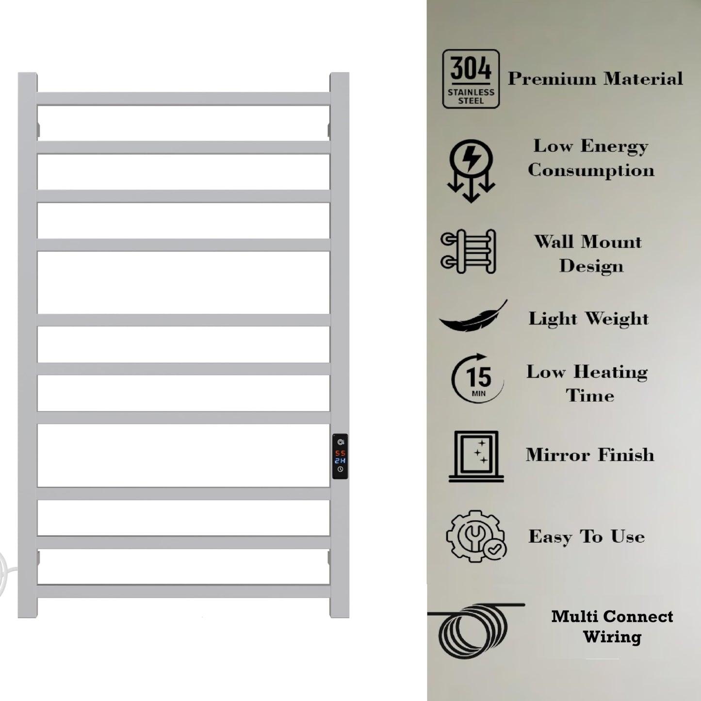 SATOH Towel Warmer for Bathroom Heated Towel Rack Wall Mounted Electric Drying Rail with Plug-in Installation & Timer Stainless Steel Hot Towel Warmer - 88cm x 53cm (Polished Chrome)