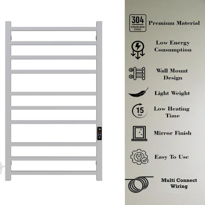 SATOH Towel Warmer for Bathroom Heated Towel Rack Wall Mounted Electric Drying Rail with Plug-in Installation & Timer Stainless Steel Hot Towel Warmer - 88cm x 53cm (Polished Chrome)