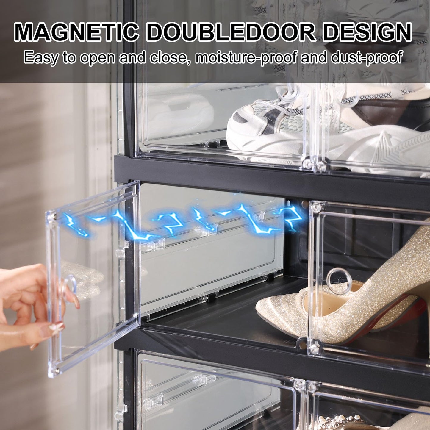 ELPHECO 9 Tier 18 Pairs Foldable Shoe Rack - Clear Shoe Rack Organizer, Folding Entryway Shoe Cabinet, Collapsible Sneaker with Magnetic Doors, Stackable Shoe Shelf,Three-Sided Clear Shoe Box, Black