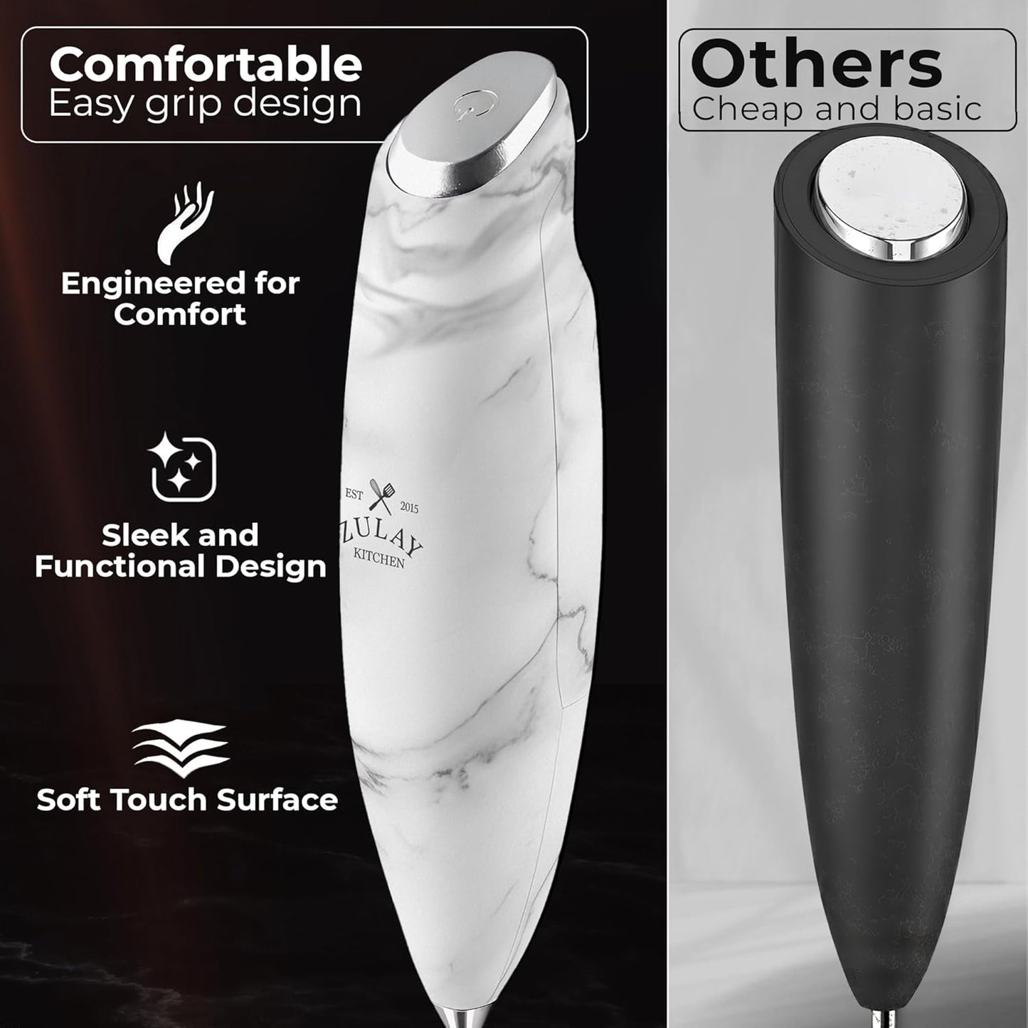 Zulay Kitchen Tornado Triple Whisk Milk Frother - Handheld Foam Maker for Coffee & Lattes | Includes 4 Duracell Batteries - Marble Finish