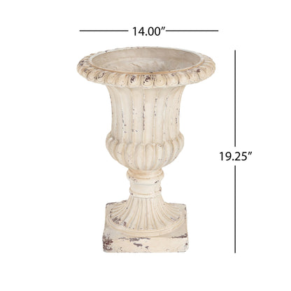 PETALORE Antique White Urn Planter 19.25" H, Pedestal Planters for Outdoor Plants, Hand-Painted Tall Urn Flower Pot, Durable Magnesium Oxide Decorative Garden Planter for Porch and Patio