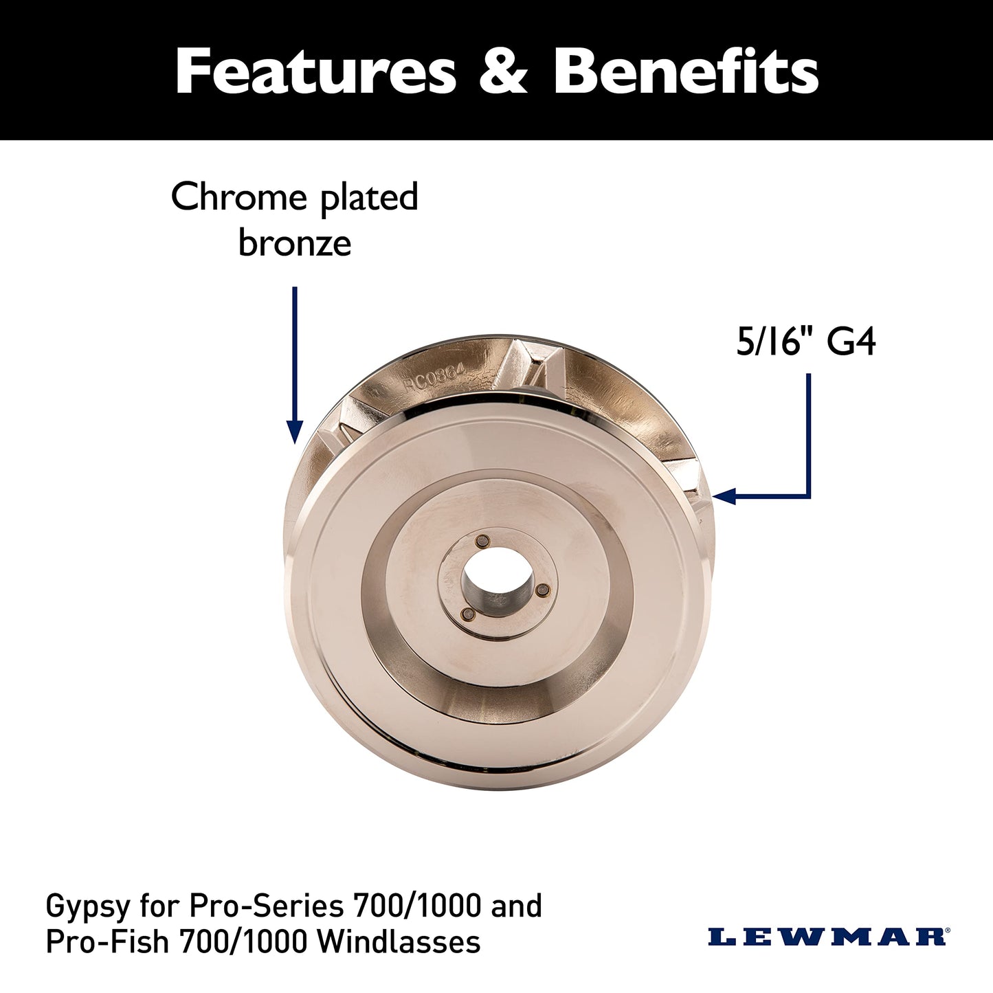 Lewmar Pro Series Gypsy RC 5/16" G4 in Chromed Bronze – Replacement Gypsy for Pro-Series 700/1000 and Pro-Fish 700/1000 Windlasses, Made from Chrome Plated Bronze