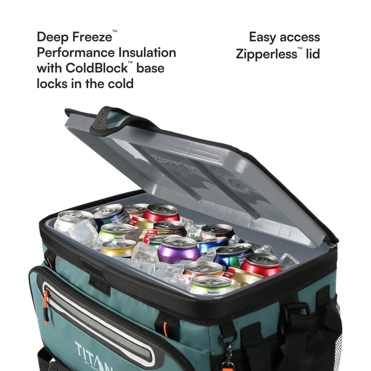 Titan by Arctic Zone Zipperless Soft Sided Cooler with HardBody Liner and SmartShelf, Insulated Bag with Shoulder Strap and Bottle Opener for Beach, Picnic, and Travel, 48 Can Capacity, Jungle Hunt