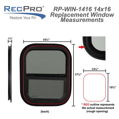 RecPro RV Window Replacement, Teardrop Style, Vertical Sliding, 14inW x 16inH, Black, Model RP-WIN, Made in USA