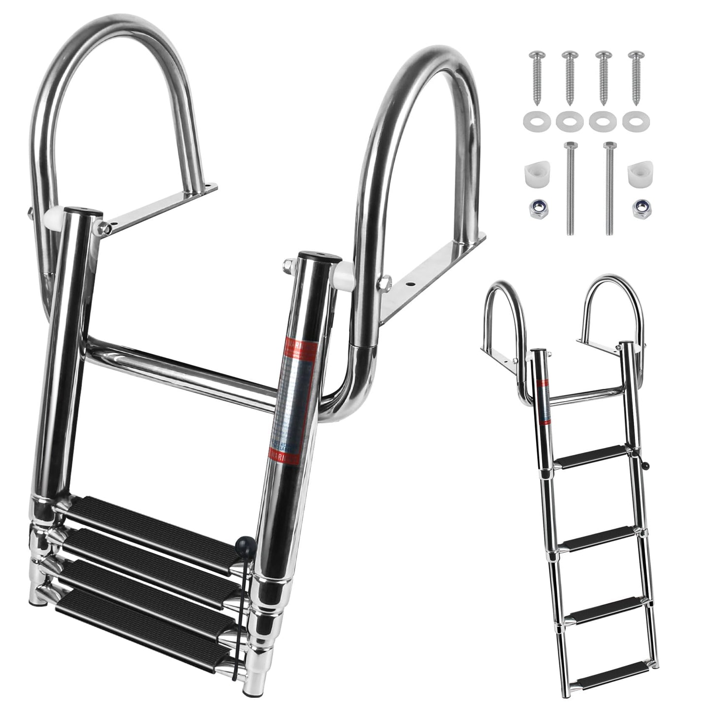 4 Step Boat Ladder, Stainless Steel Pontoon Ladder Heavy Duty with Pedal Hand Railing, Telescoping Boat Ladder Folding for Boat Yacht Dock Swimming Pool