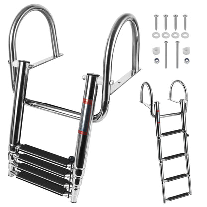 4 Step Boat Ladder, Stainless Steel Pontoon Ladder Heavy Duty with Pedal Hand Railing, Telescoping Boat Ladder Folding for Boat Yacht Dock Swimming Pool