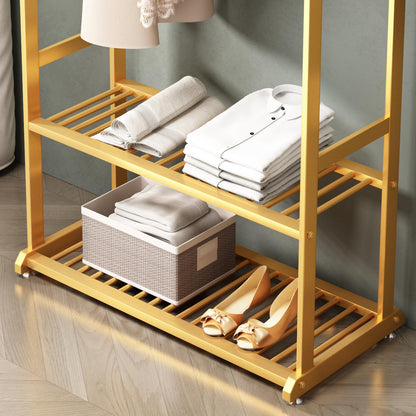 BUZUEY Gold Clothing Rack,Metal Garment Rack with Bottom Storage Shelves and 6 Side Hooks,modern Sturdy clothes racks for hanging clothes,Freestanding Wardrobe Rack for Bedroom or Boutique (L:39.4IN)