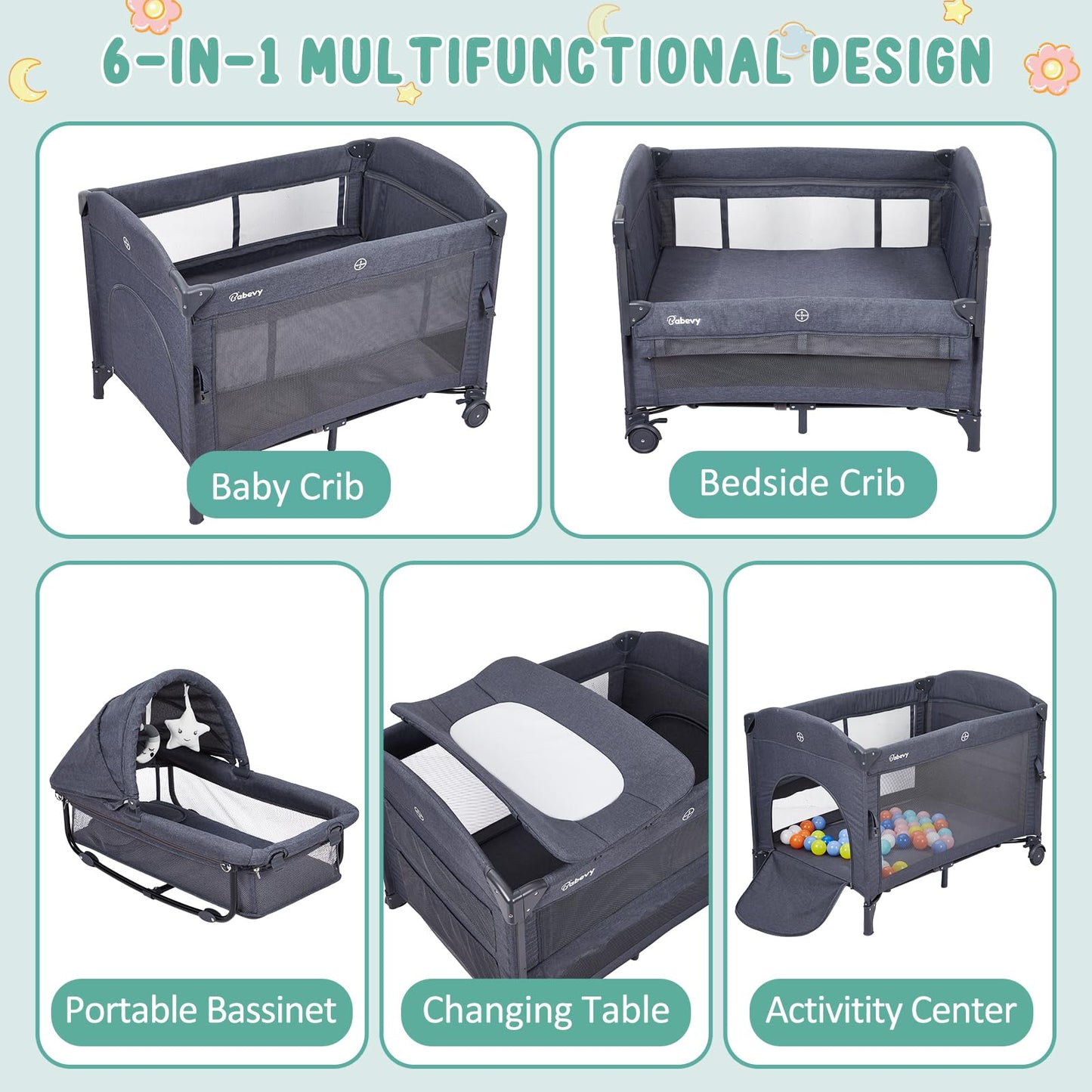 5 in 1 Pack and Play Bedside Sleeper with Bassinet, Diaper Changer & Hanging Toy, Portable Crib Nursery Center for Newborns to Toddlers, Grey