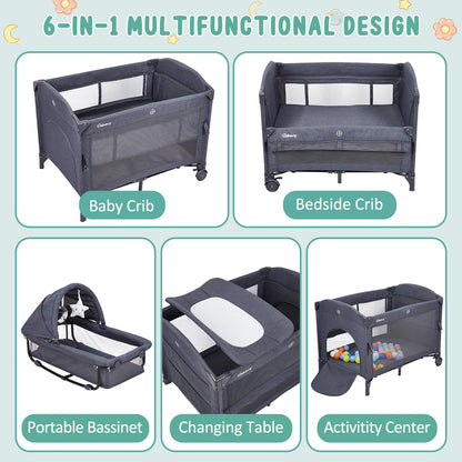 5 in 1 Pack and Play Bedside Sleeper with Bassinet, Diaper Changer & Hanging Toy, Portable Crib Nursery Center for Newborns to Toddlers, Grey