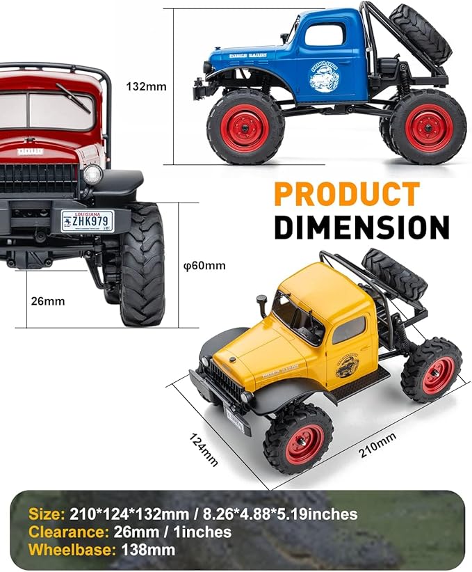 FCX24 RC Crawler 1/24 Remote Control Car Power Wagon 4WD RC Crawler Two-Speed Shift RC Rock Crawler 8Km/h with Portal Axle Metal Gears for Adults (Yellow)