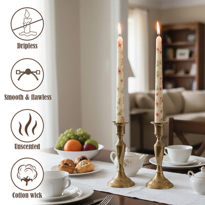 W&LESVAGO 4 Pcs Rose Print Taper Candles,10 Inch Rose Floral Patterns Ivory Dripless Long Candles Set for Wedding Anniversary Home Decor Dinner Party