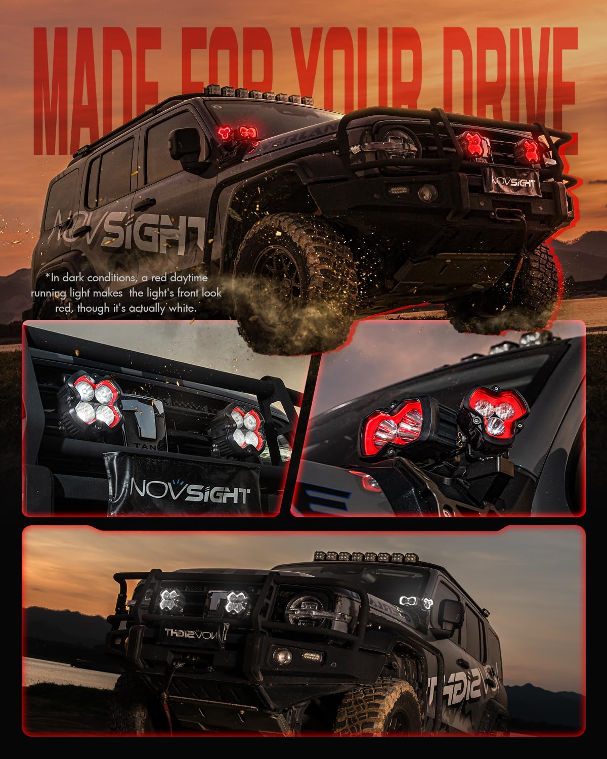 NOVSIGHT Offroad LED Pod Lights - Halo SE Series 3 Inch LED Spot Beam with Red/White DRL, 120W Super Bright Off Road Cube Light for Truck Jeep Pickup Ford ATV, Pair(Red Dot Award 2025 Winner)