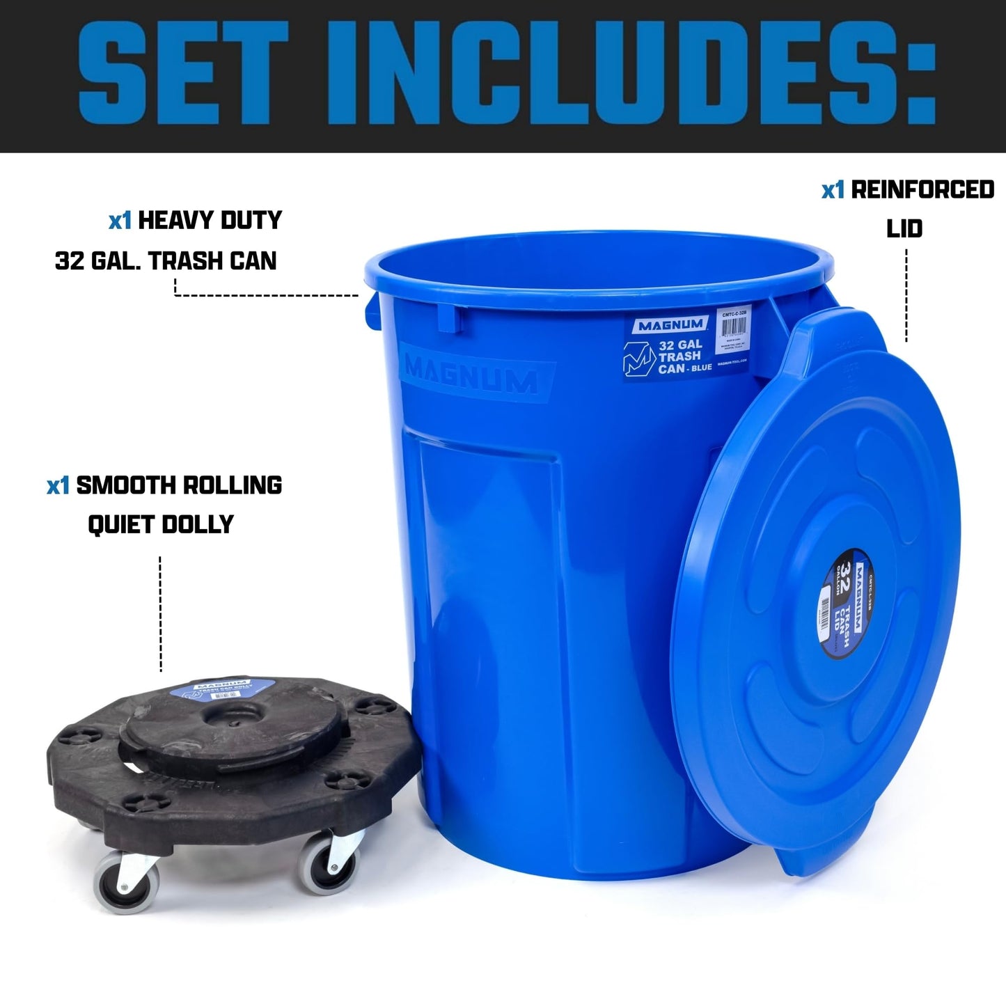 Magnum Blue 32 Gallon Trash Can Set (Trash Can, Quiet Dolly, and Reinforced Lid), Construction Grade, Jobsite Ready for Handling and Rolling Garbage CMTC-CLD0-32B01 (1 Set)