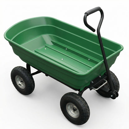 GarveeTech Heavy Duty Utility Wheelbarrow Cart 4 Wheel Garden Wagon with Dump Feature, Foldable D-Handle Steering, Built-in Stand, All-Terrain Rolling Yard Cart for Gardening, Lawn, Landscaping