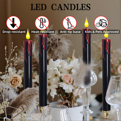ODTRAM Flameless Taper Candles with 3D Flickering Effect Blood Dripping & 10-Key Remote，Taper Candles Battery Operated for Halloween Spooky Horror Home Decoration - Set of 6 Black(0.8" x 10")