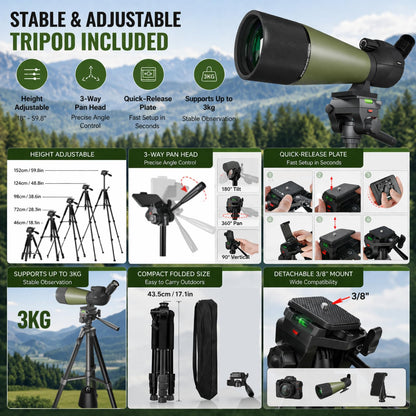 NWDEY Spotting Scope 25-75x80, BAK4 Prism FMC Optics, Waterproof Spotting Scope with Upgraded Tripod, Phone Adapter and Carrying Case for Bird Watching, Target Shooting, Wildlife Viewing