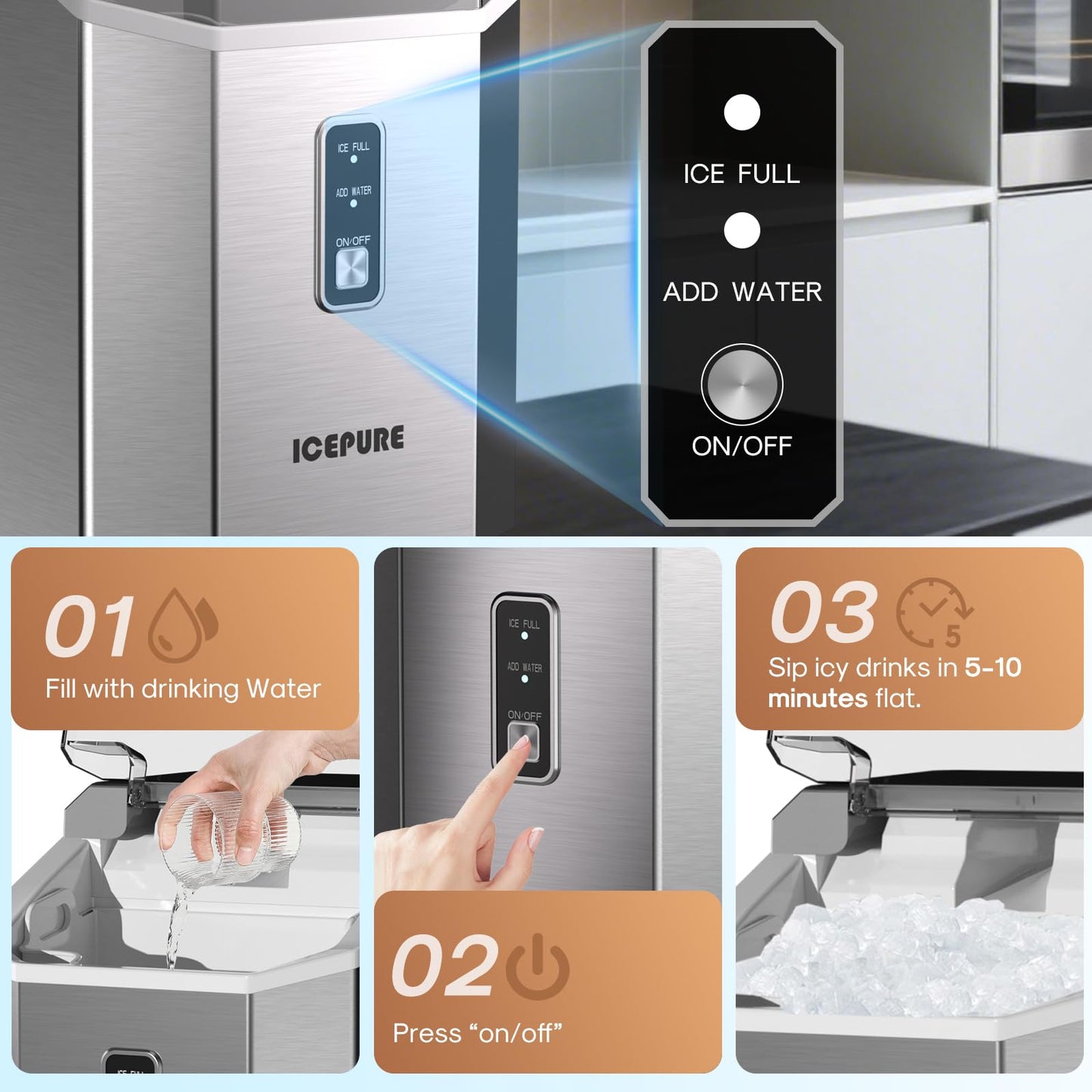 ICEPURE Nugget Ice Makers Countertop with App, Portable Ice Machine with WiFi, 33lbs in 24H, Ready in 5-10 Mins, Self Cleaning，Small Ice Maker with Basket Scoop, for Home/Party/RV(Stainless Steel)