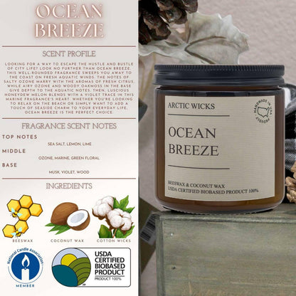Ocean Breeze Candles | Arctic Wicks Coconut & Beeswax Candles | 16oz Amber Scented Candle for Spring Summer Home Decor Gifts Marine Ocean Mist Sea Salt Beach Non-Toxic Candle | USDA Certified Biobased