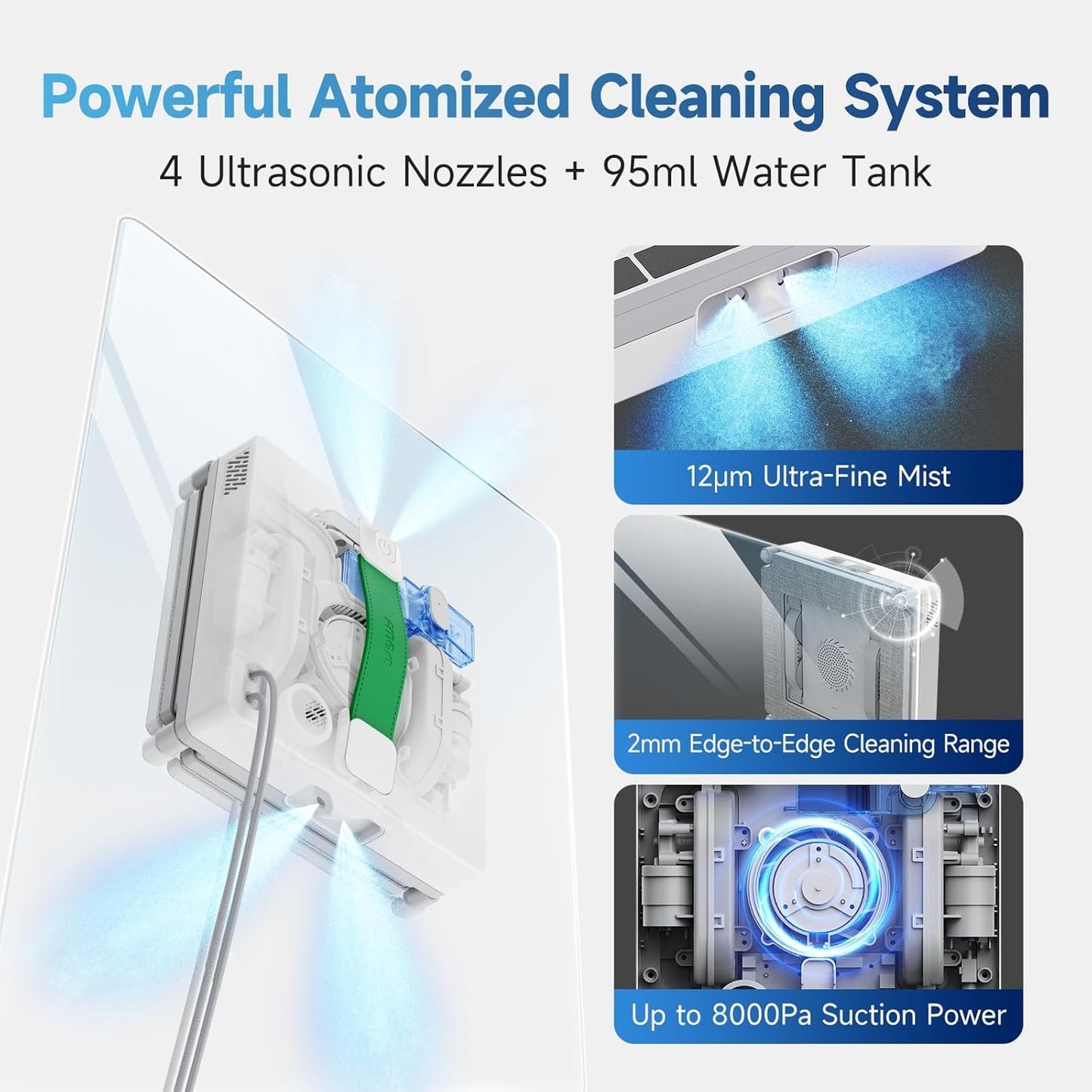FMART W8 Mini Window Cleaning Robot, 4-Way Ultrasonic Spray, 8000Pa Suction, Ultra-Slim 2.36 in, Edge-Cleaning Route, Smart Path Planning, 9-Stage Safety, App & Remote Control