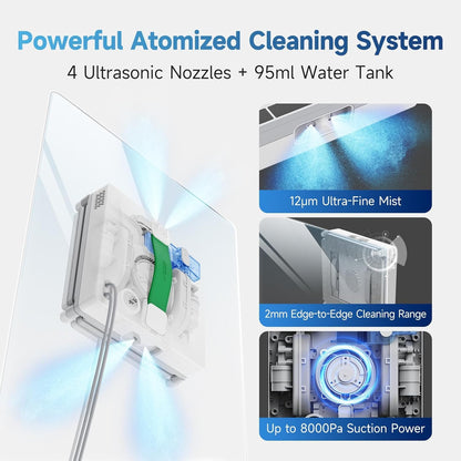 FMART W8 Mini Window Cleaning Robot, 4-Way Ultrasonic Spray, 8000Pa Suction, Ultra-Slim 2.36 in, Edge-Cleaning Route, Smart Path Planning, 9-Stage Safety, App & Remote Control
