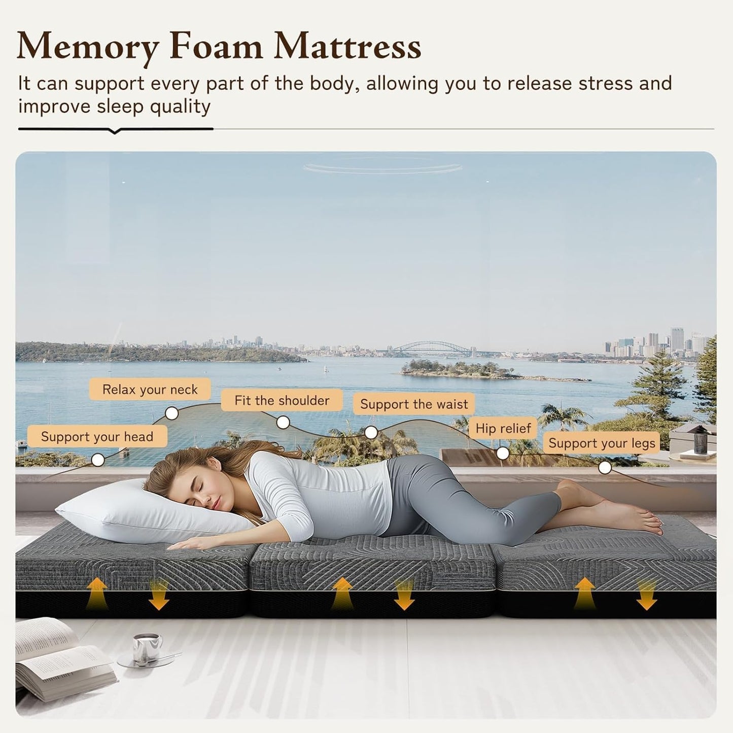 GEMBED Tri Folding Mattress Queen Size - Memory Foam Tri-fold Handle & Non-Slip Bottom, Portable Foldable Sofa Bed Floor Chair for Travel RV Camping Guest Yoga - 6 Inch, 78"x58"x6"