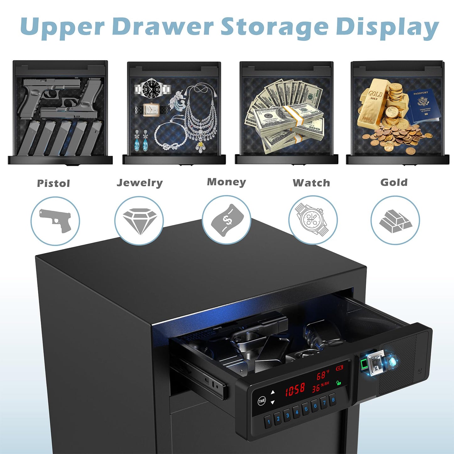 QINGENO Sliding-Away Drawer Safe with LCD Display of Temp,Humidity,Time,Home Security Electronic Safe for Money Cash Valuables,Keypad Large Lock Box Cabinet Safes